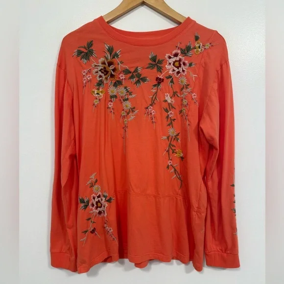 Johnny Was Acacia Seamed Relaxed Long Sleeve Tee Orange M - Picture 3 of 10